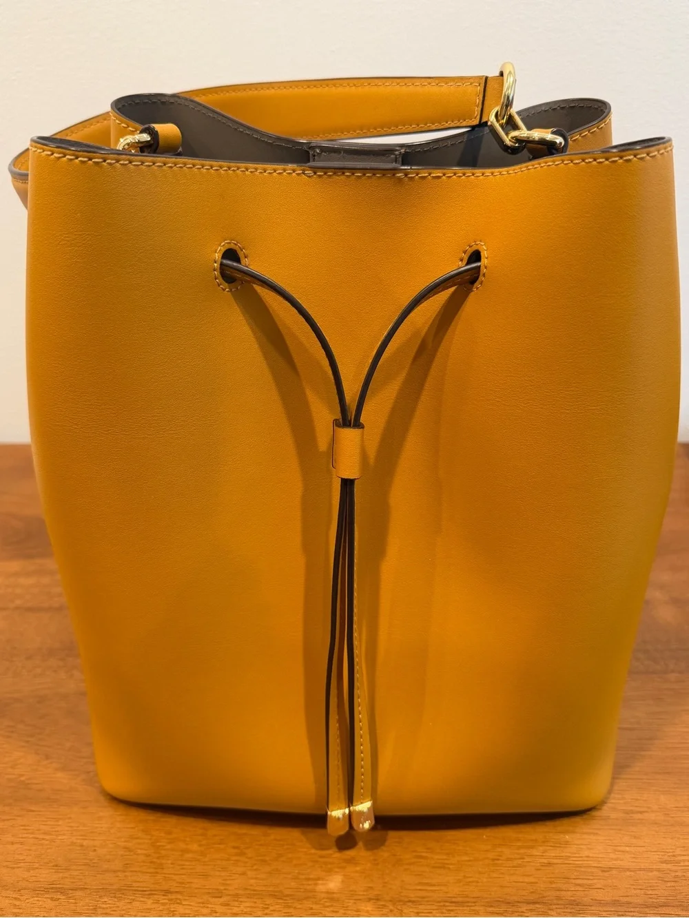Lauren Ralph Lauren Yellow Leather Drawstring Bucket Bag